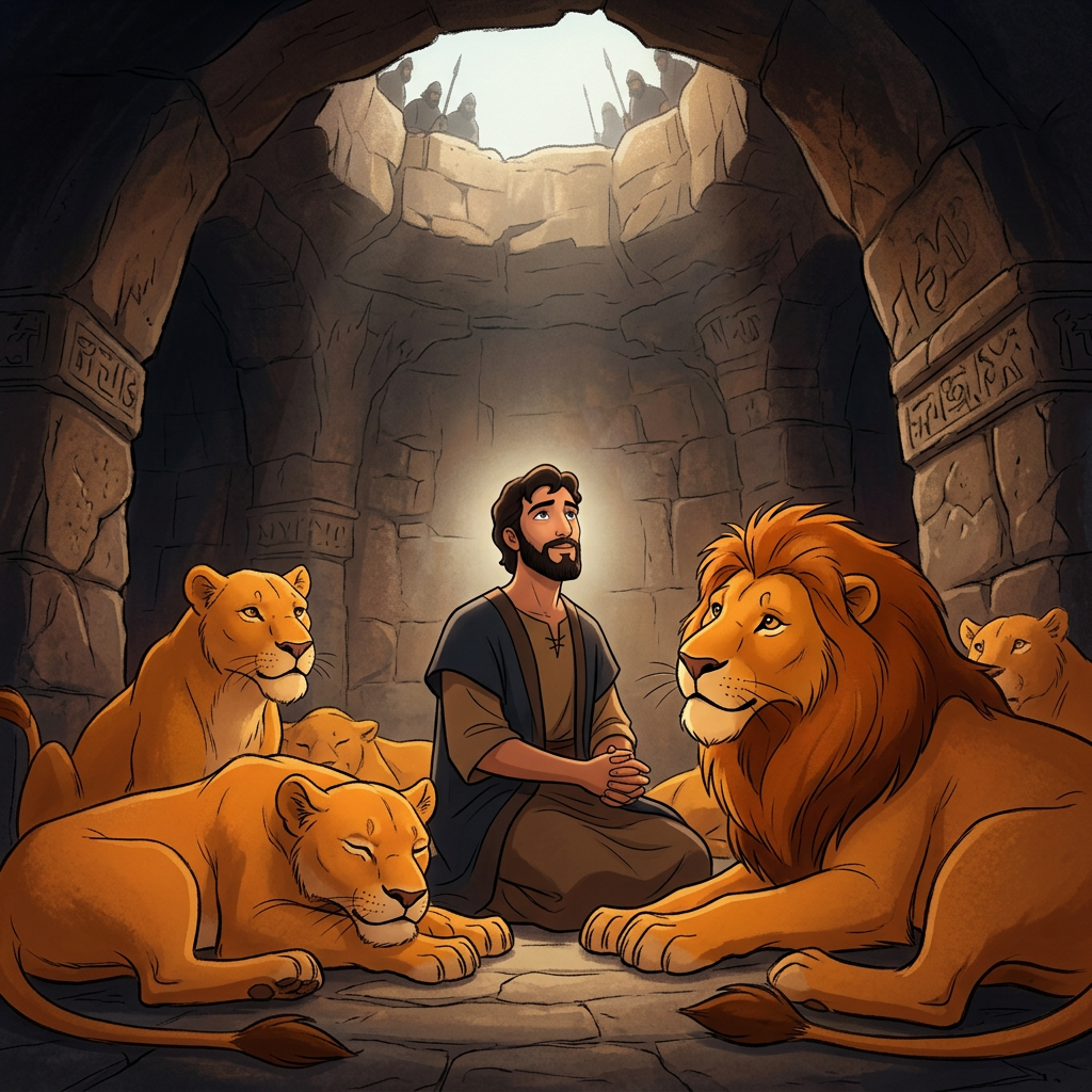 Man kneeling peacefully with lions in ancient stone dungeon